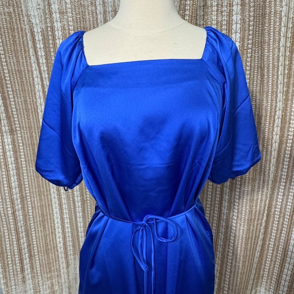 Ann Taylor Royal Blue Satin Dress | Size 6 | Puff Sleeve Tie Waist Midi Dress - Picture 6 of 10